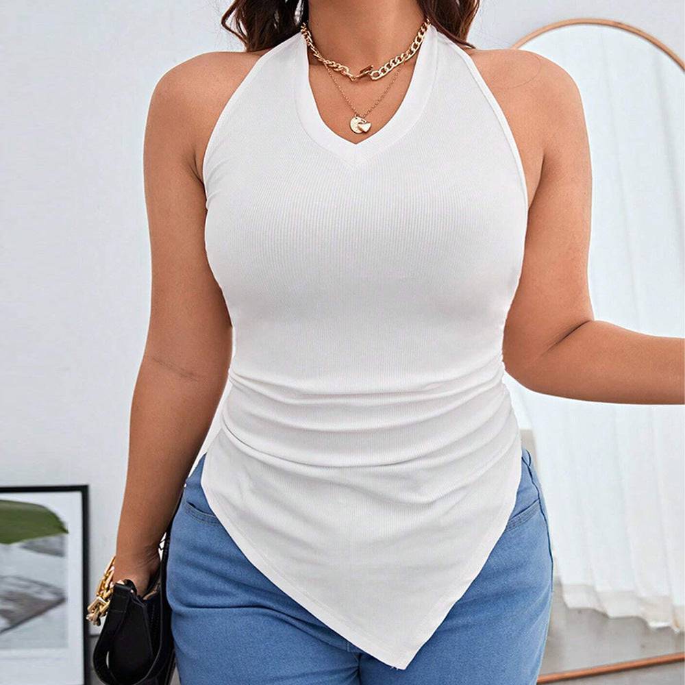 Women's Plus Size Slim Fit Asymmetric Hem Halter Sleeveless Tank Top  1XL White 