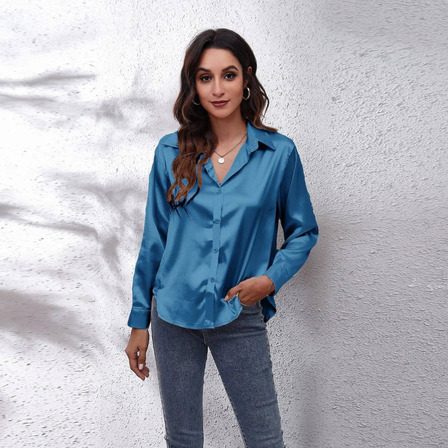 Satin Silk Long Sleeve Shirt for Women  S Blue 