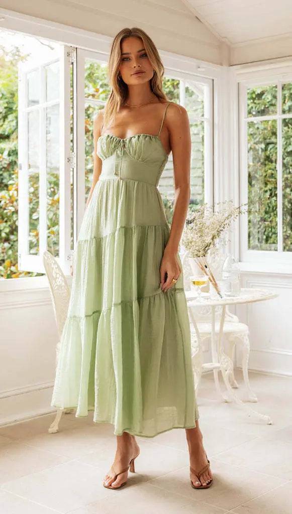 Sleeveless Splicing Sling Long Backless Lace-up Large Swing Dress  S Green 