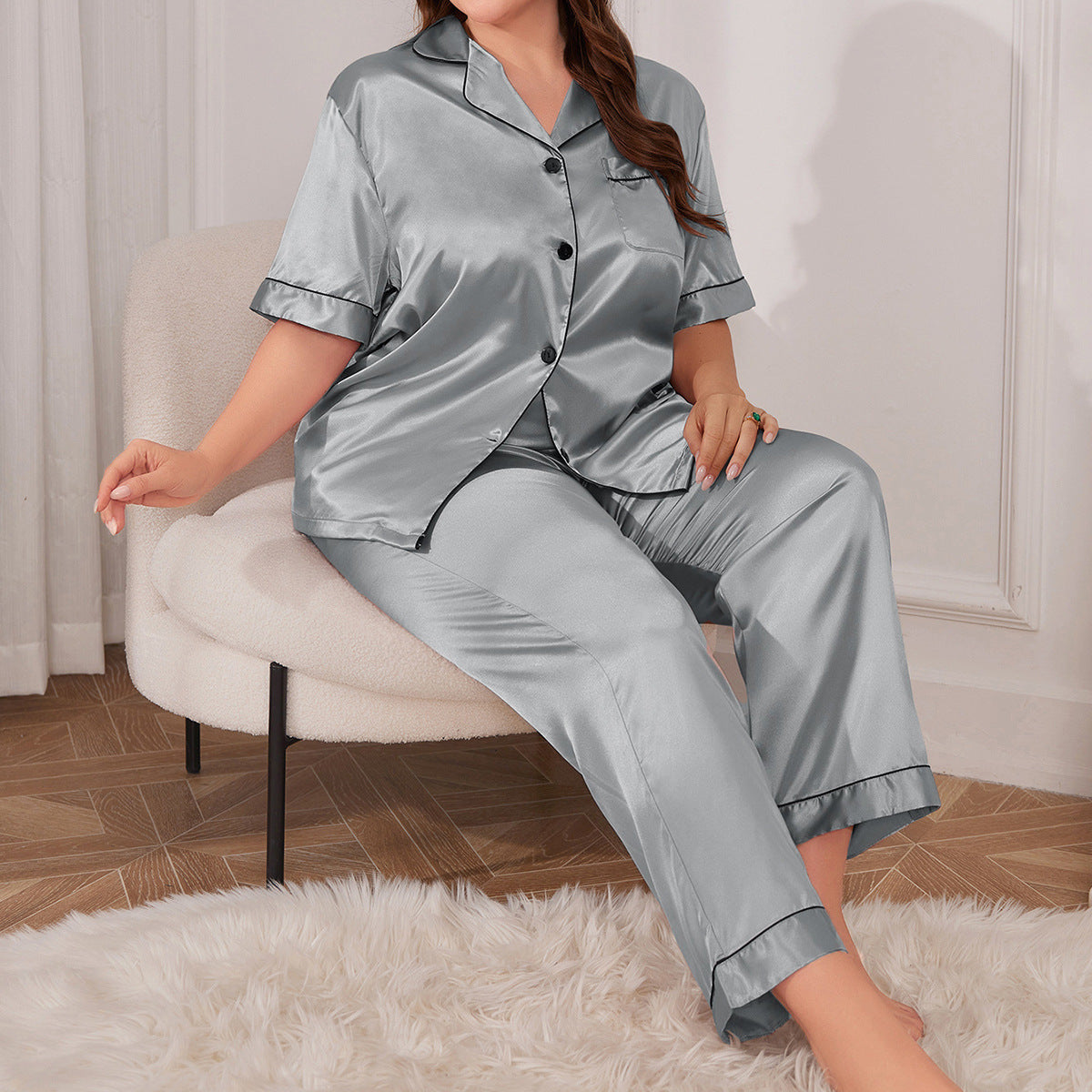 Plus Size Ice Silk Nightdress Spring Summer Simple Homewear Sexy Silk Cardigan Nightgown Women Pajamas Suit - Wild Amber Fashion