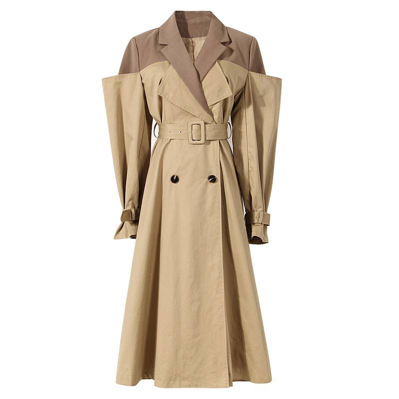 Elegant Double Breasted Color Block Trench Coat for Women  S Coffee and Khaki 