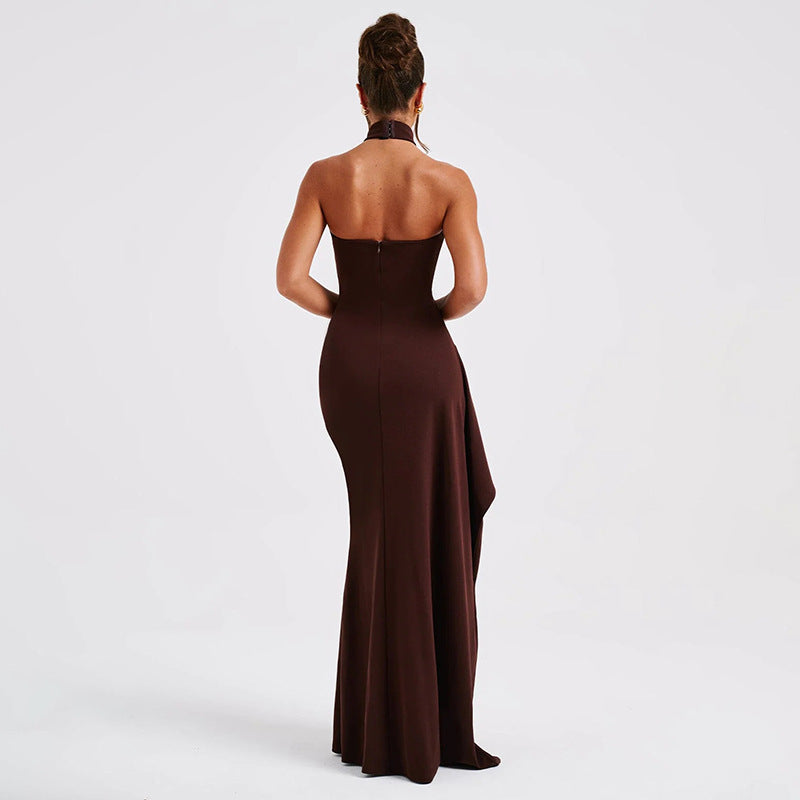 Spring Summer Halter round Neck Dress Women Sexy Tight Backless High Slit Dress - Wild Amber Fashion