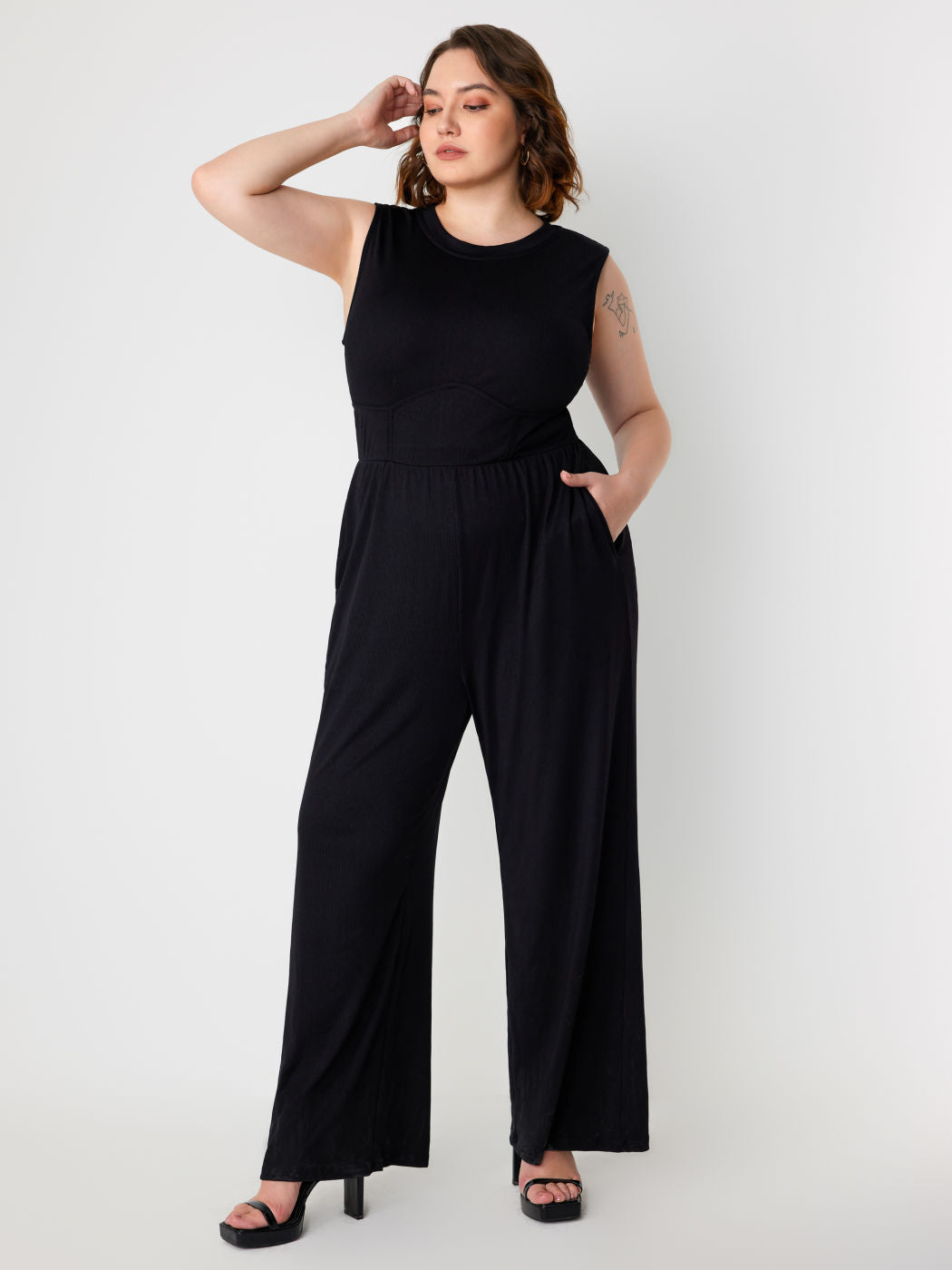 Plus Size Women Clothing Slimming Sleeveless Waist Trimming Casual Solid Color All Matching Jumpsuit Trousers - Wild Amber Fashion