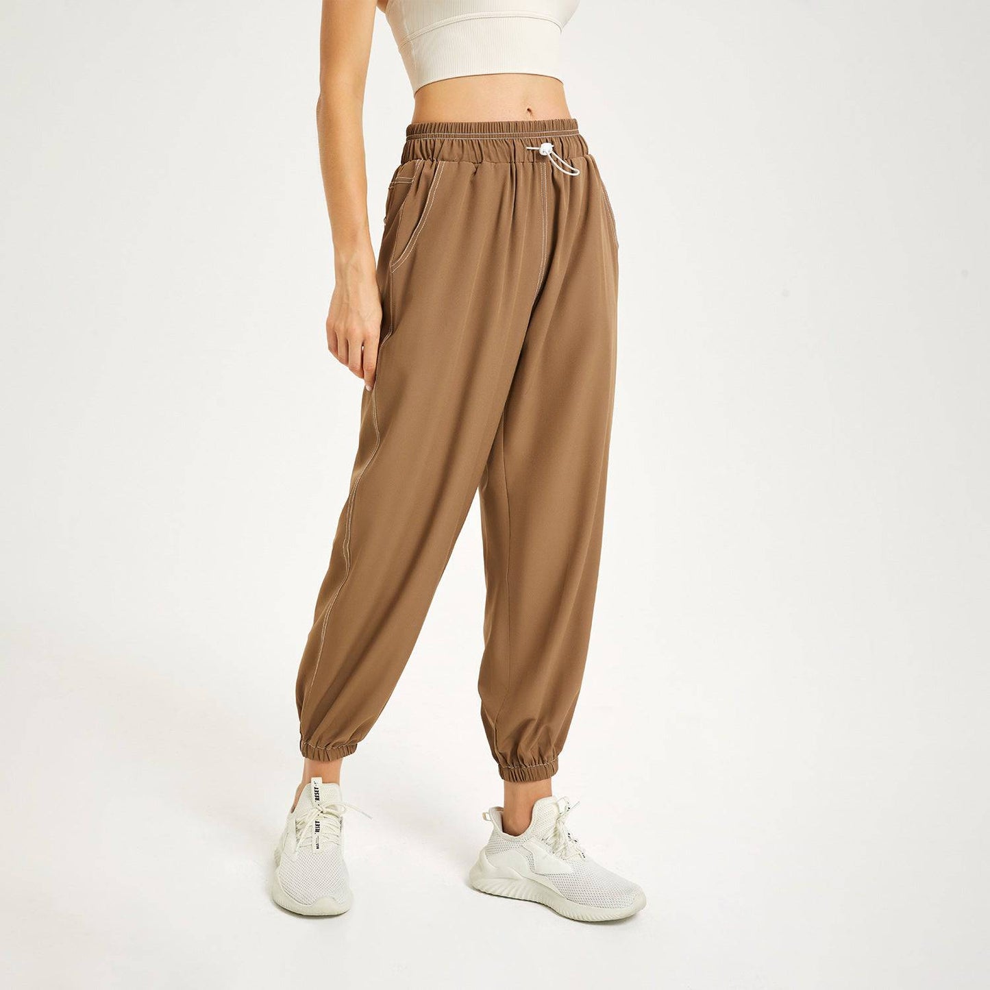 Summer High Waist Sporty Loose Fit Running Trousers for Women  S Brown 