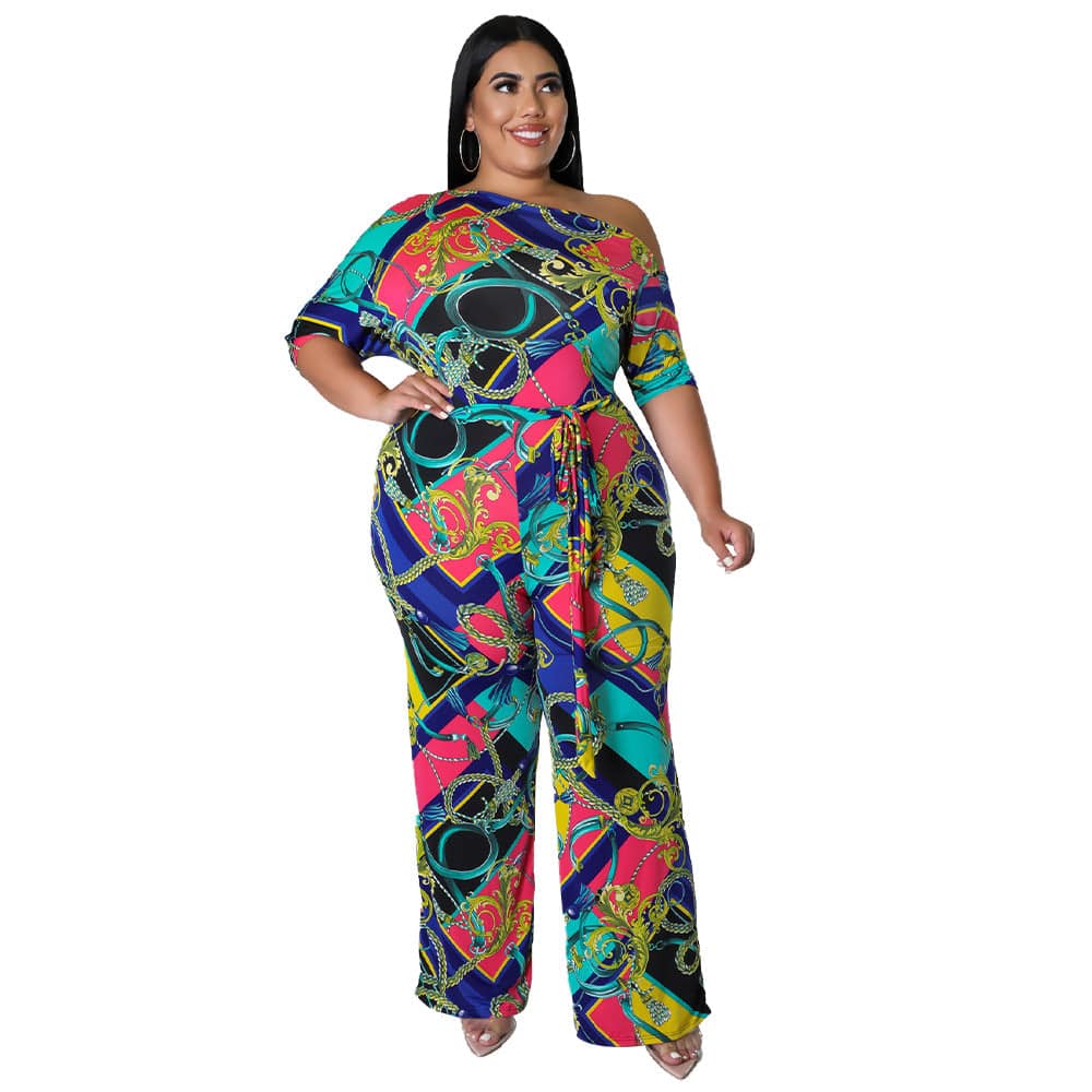 Sophisticated Baroque Printed Plus Size Jumpsuit Trousers for Women  L Green 