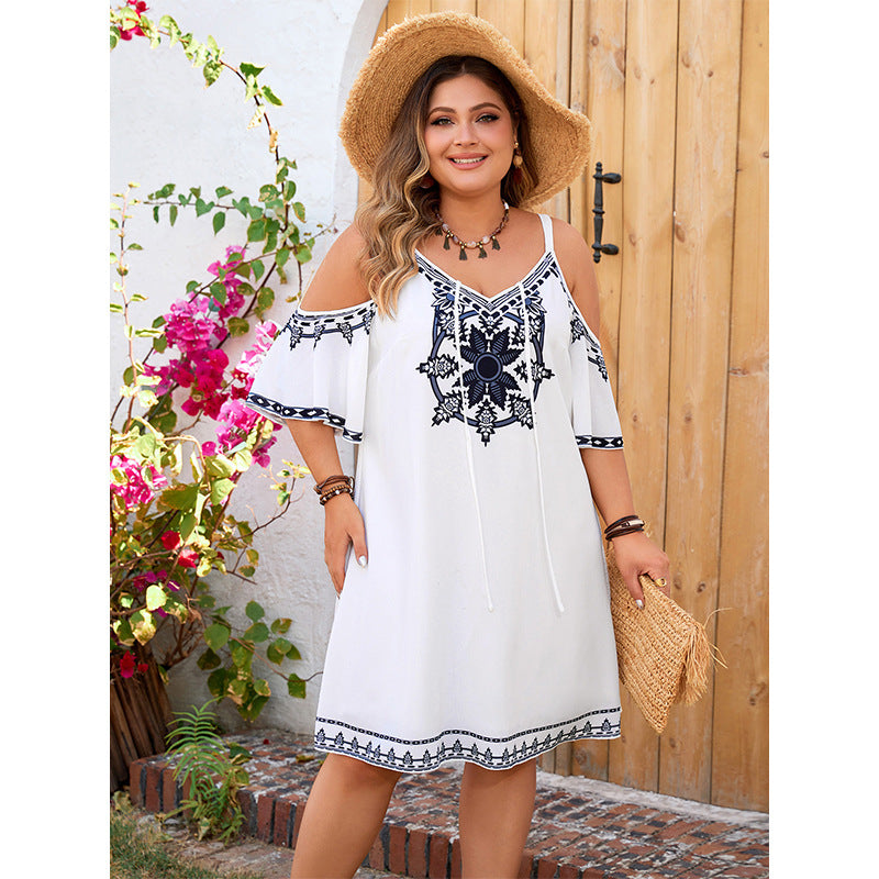 Plus Size Women Off Shoulder Sling Dress Summer Casual Vacation Printing Dress Women No Belt - Wild Amber Fashion