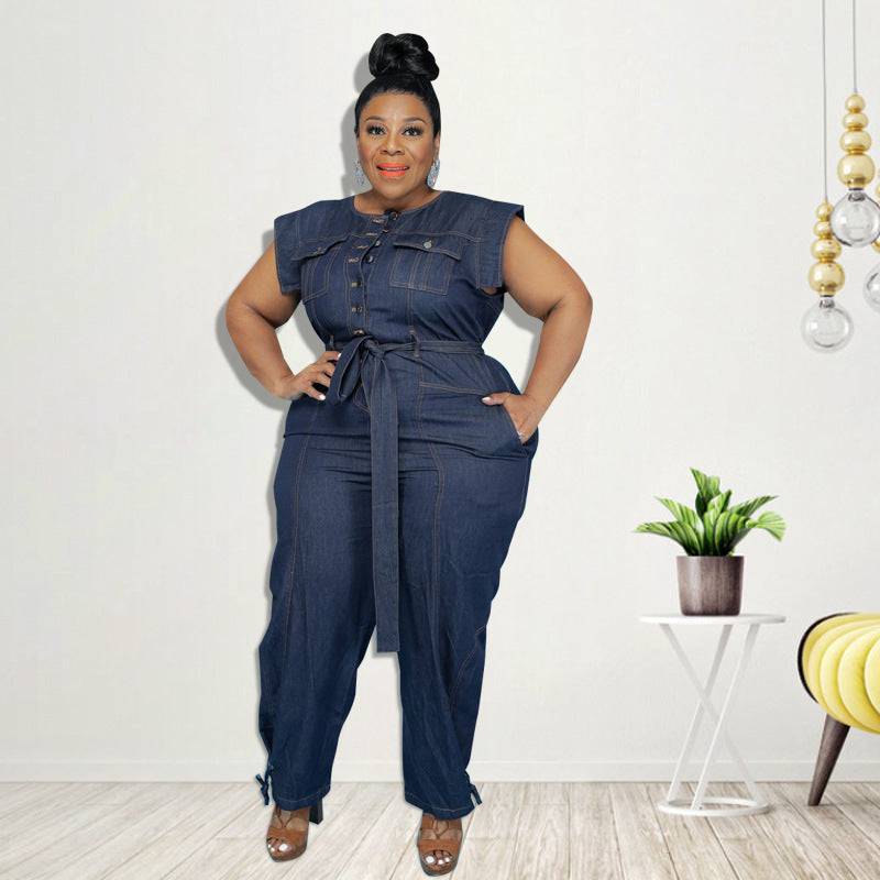 Plus Size Plus Size Women Clothing Summer Washed Denim Casual Jumpsuit - Wild Amber Fashion