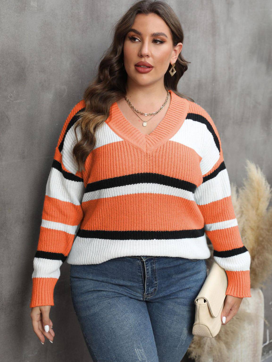 Plus Size Women Pullover Sweater Women Clothing Autumn Winter V Collar Contrast Color Stitching Sweater - Wild Amber Fashion