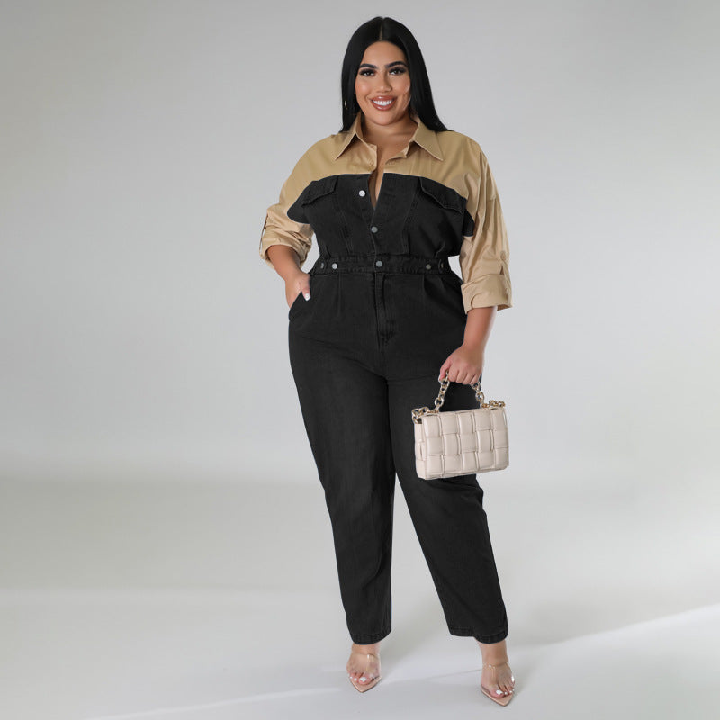 Plus Size Women Clothes Denim Contrast Color Jumpsuit - Wild Amber Fashion