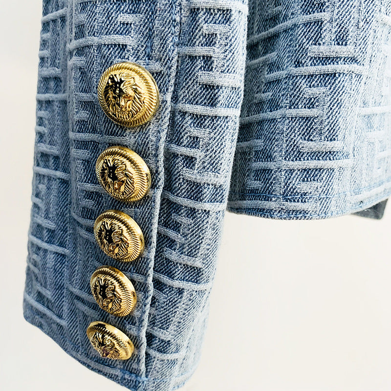 Plus Size Slim Double Breasted Lion Buckle Maze Jacquard Denim Blazer - Wild Amber Fashion