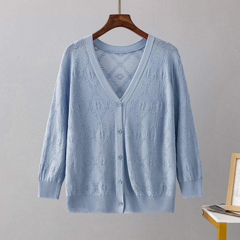 Sun-Proof Knitted Cardigan with Three Quarter Sleeves for Women  One Size The blue-gray 