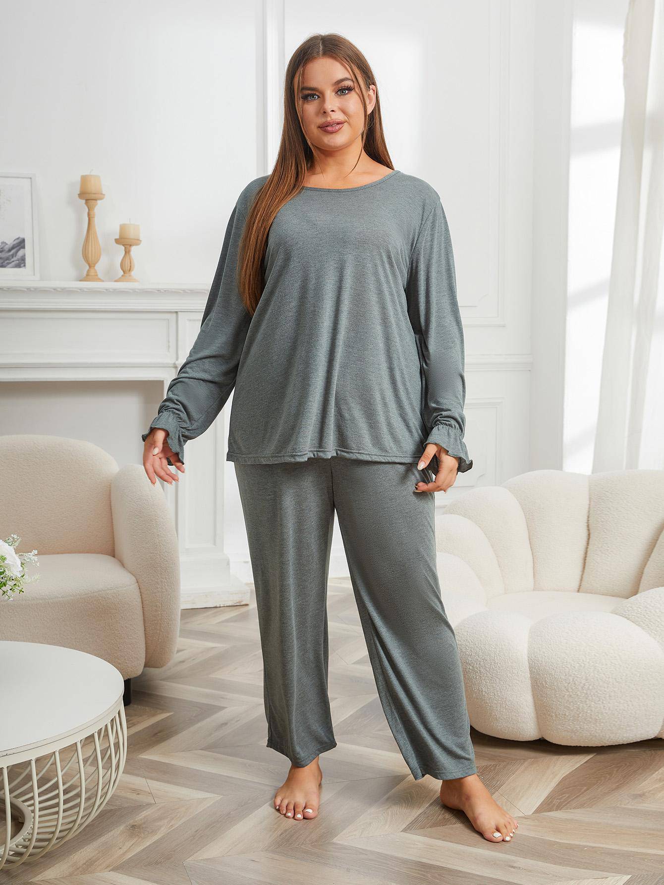 Plus Size Pajamas Women Autumn Winter Solid Color Long Sleeve Home Wear Set - Wild Amber Fashion