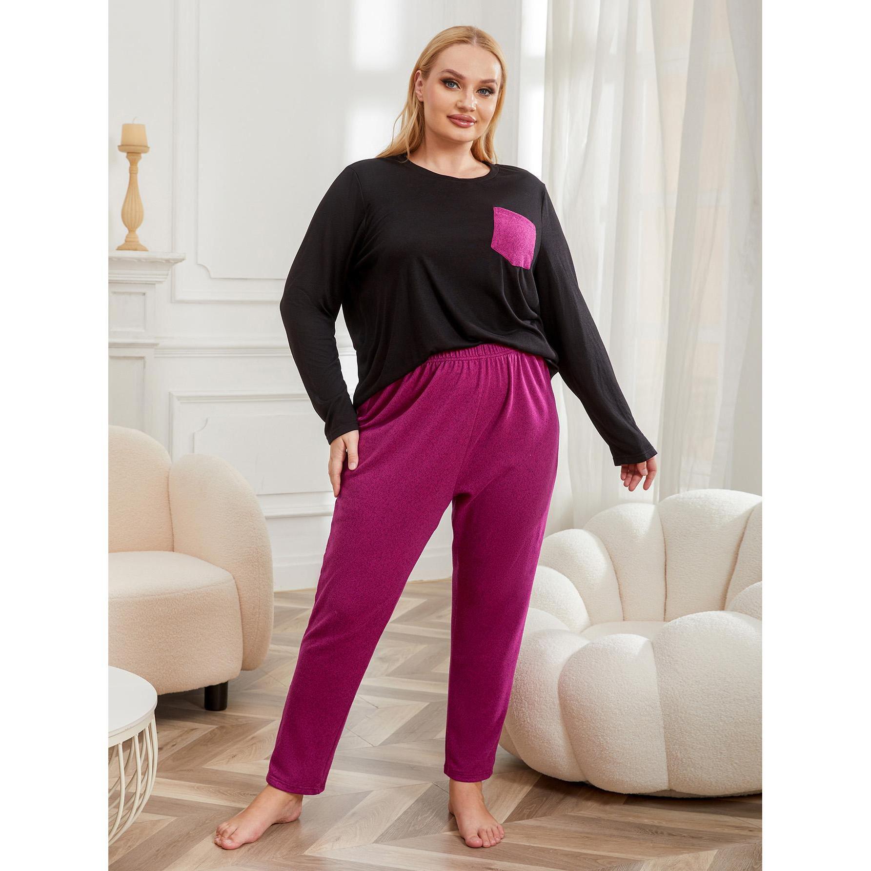 Plus Size Pajamas Women Autumn Winte Solid Color Long Sleeved Home Wear Set - Wild Amber Fashion