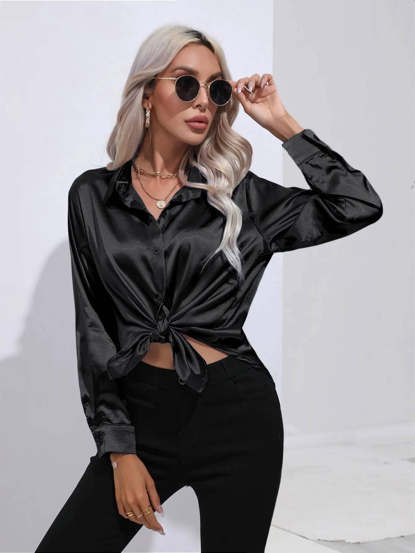 Elegant Satin Long Sleeve Shirt for Women - Spring/Summer Collection  S Black 