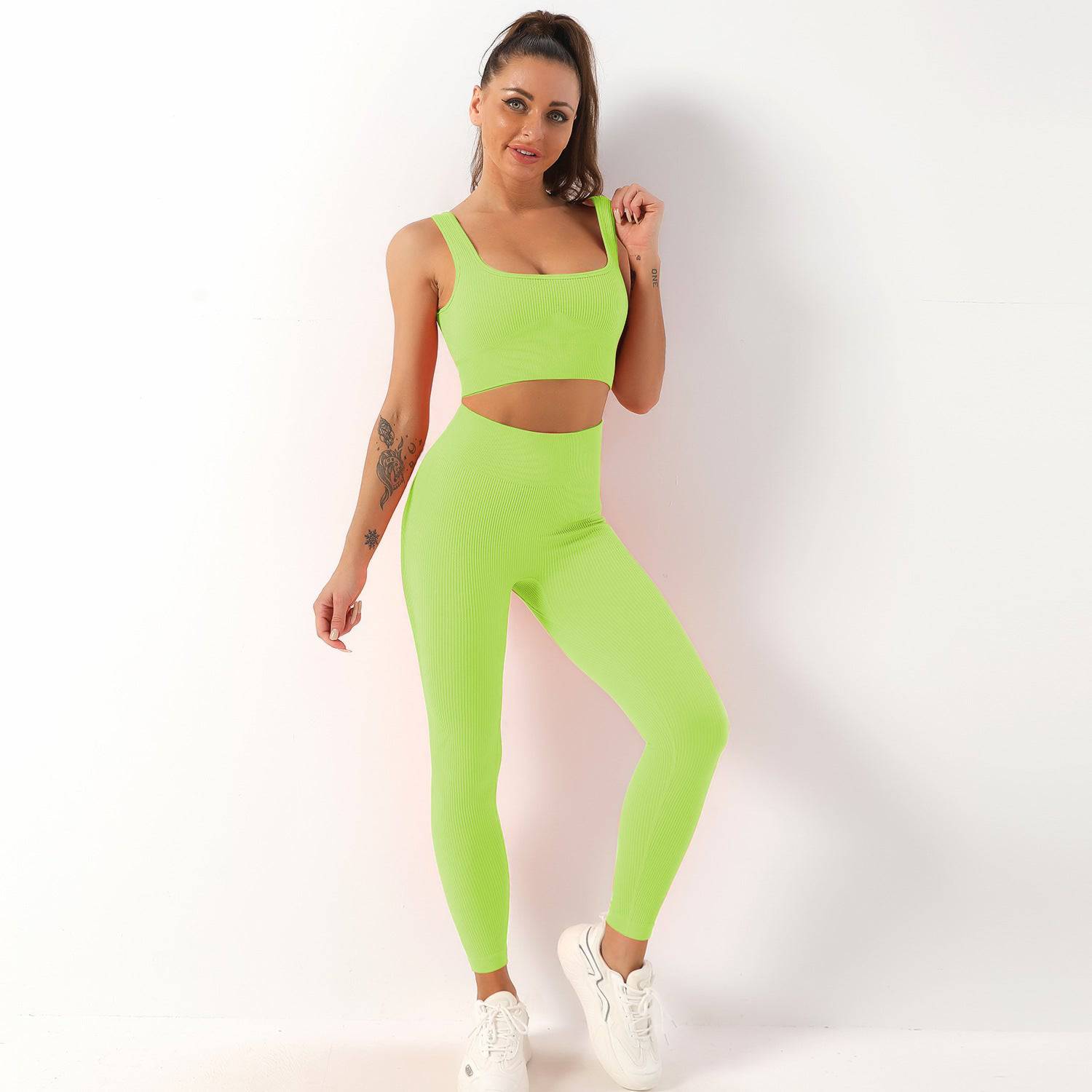 Ultimate Comfort Seamless Yoga Set with Shockproof Sports Bra and High-Rise Fitness Trousers  S Grass Green Strap Bra Trousers 