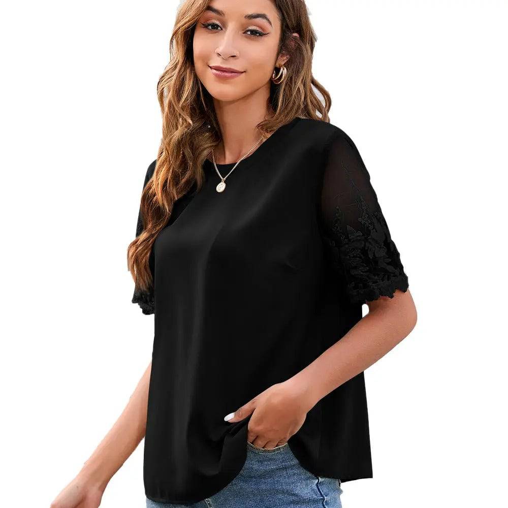 Elegant Women's Lace Chiffon Blouse  S Black 