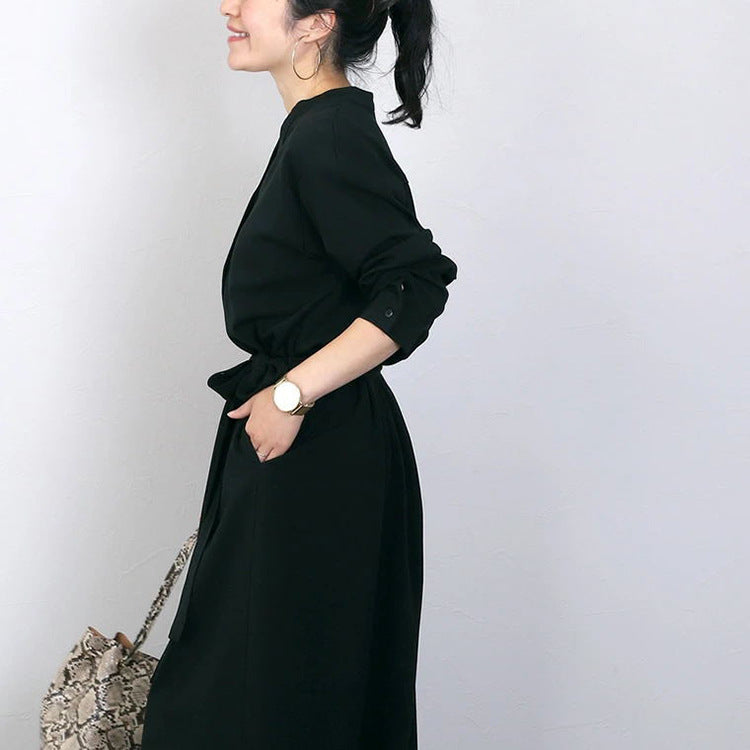 Autumn Winter Shirt Base Dress Women Solid Color Loose Casual V neck Maxi Dress - Wild Amber Fashion