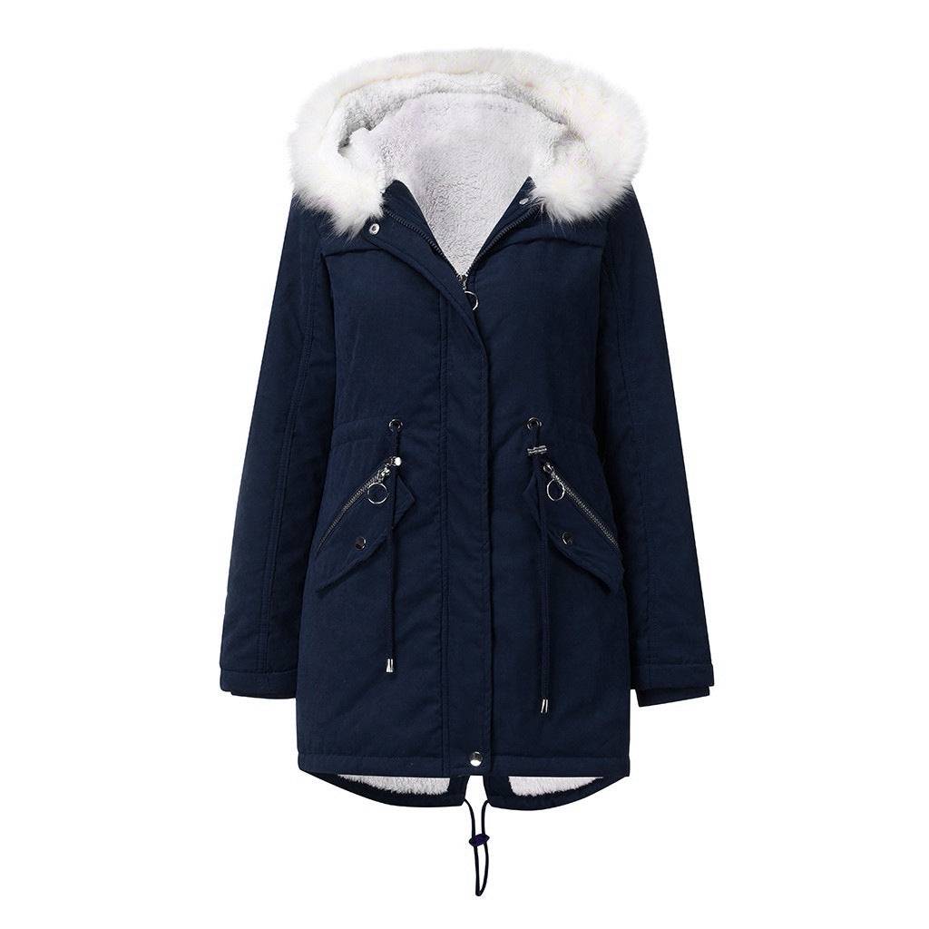 White Fur Collar Parka: Women's Mid-Length Hooded Winter Coat with Cotton Padding  M Navy Blue 