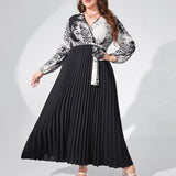 Plus Size Elegant Long Sleeve V Neck High Waist Stitching Printed Dress High End Dress - Wild Amber Fashion