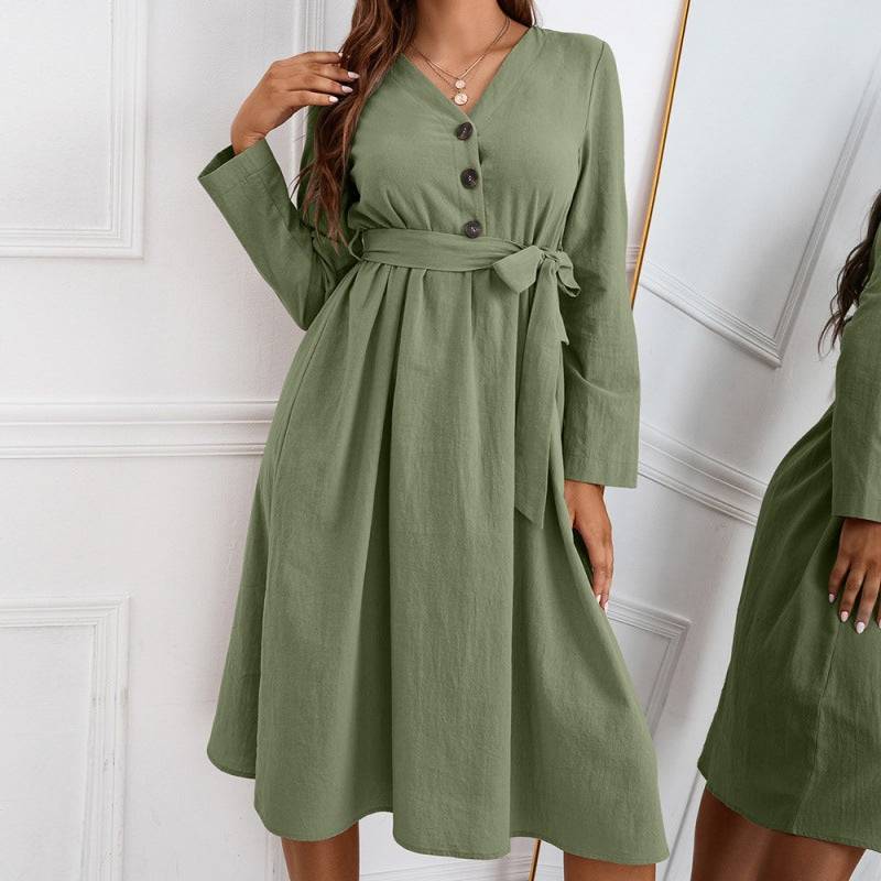 Elegant V-Neck A-Line Dress with Bow Bandage Waist  S Army Green 