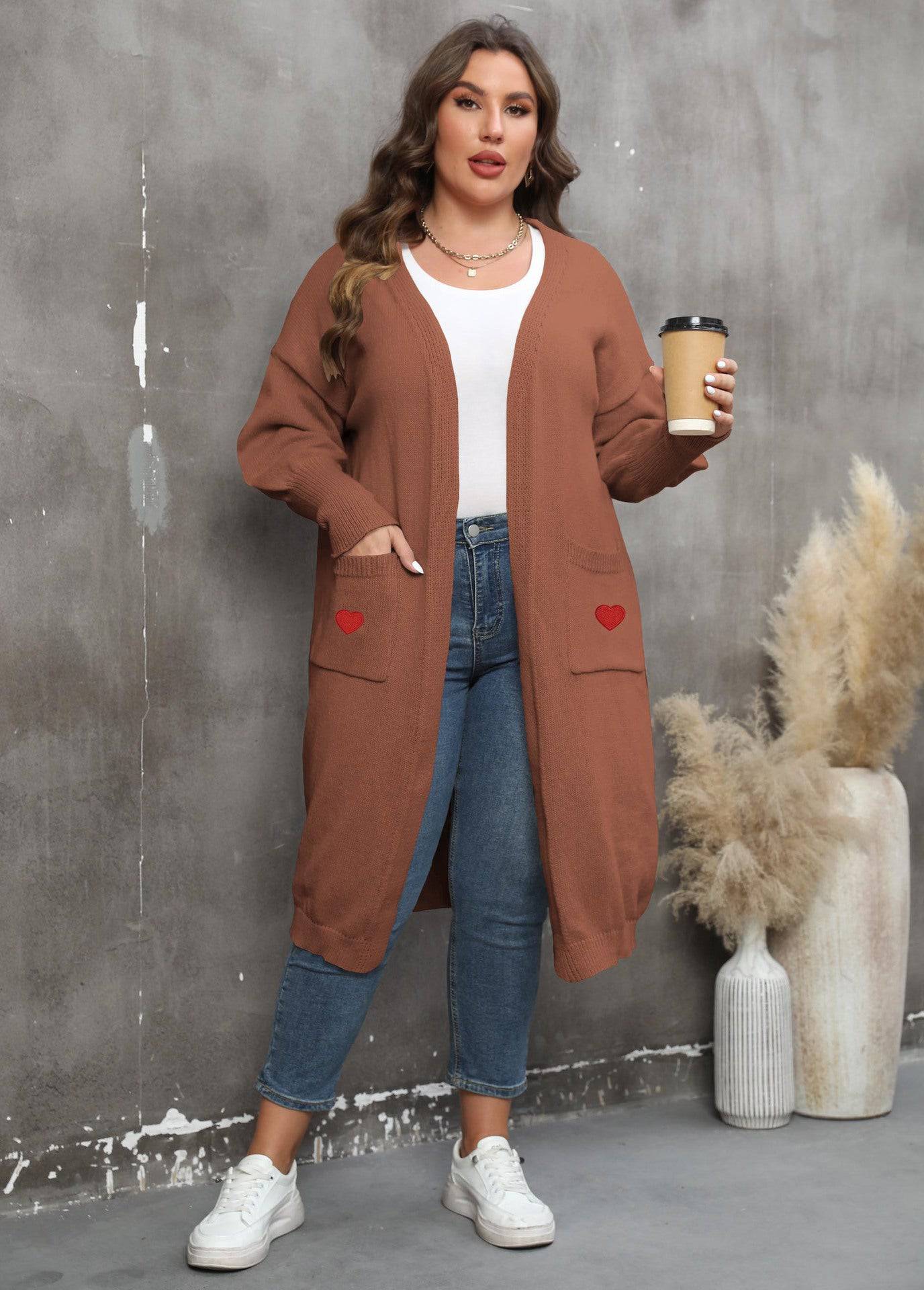 Women plus Size Women Clothes Mid Length Woven Sweater Love Double Pocket Lantern Sleeve Sweater Cardigan - Wild Amber Fashion