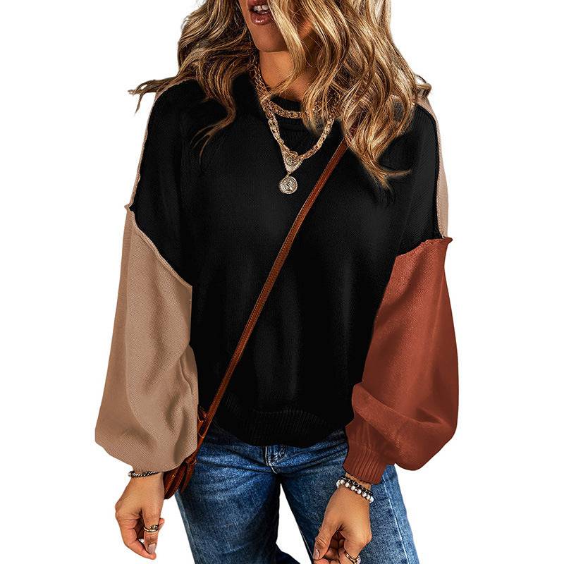 Warm and Stylish Color Block Patchwork Fall Pullover for Women  S Black 