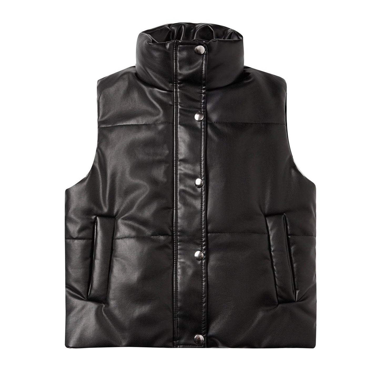 Women's Sleeveless Leather Quilted Jacket with Stand Collar  S Black 