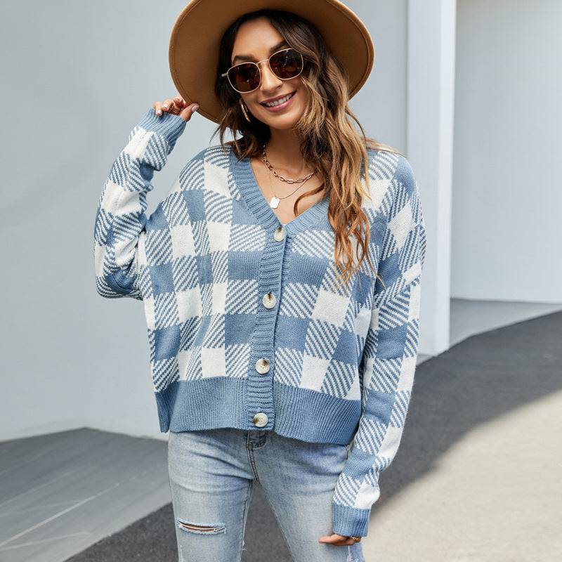 V-Neck Plaid Knitted Cardigan for Women: Loose Autumn/Winter Sweater Coat  S Blue 