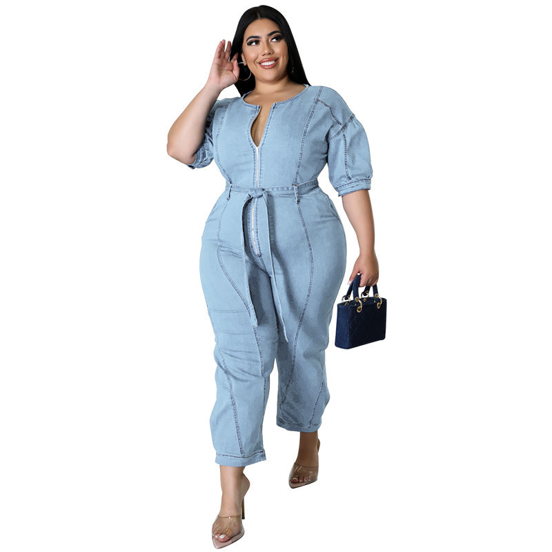 Plus Size Women Clothing Summer Short Sleeve Zipper Wash Denim Jumpsuit - Wild Amber Fashion