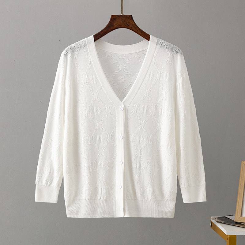 Sun-Proof Knitted Cardigan with Three Quarter Sleeves for Women  One Size White 