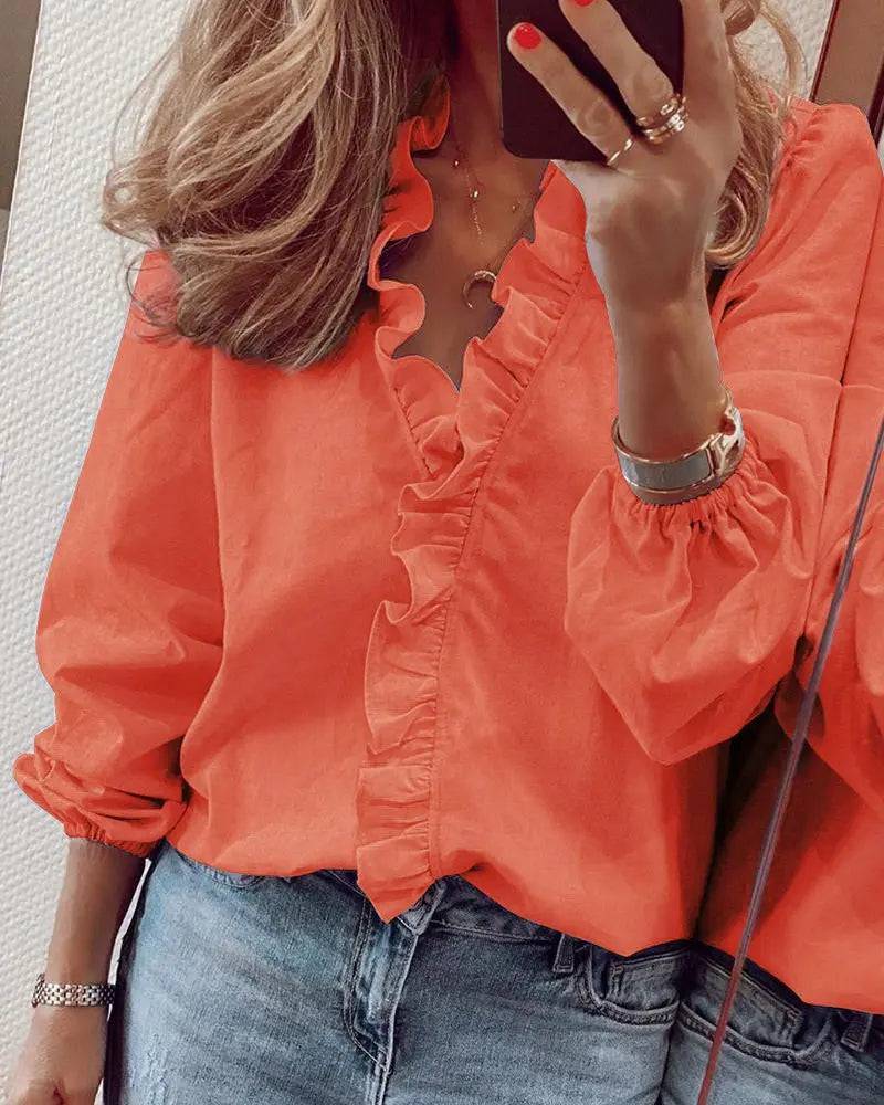 Spring Summer Elegant Long Sleeve Ruffle Blouse for Women  S Orange 