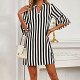 Striped A line Dress Half Sleeve Flared Sleeves Loose Short Dress Spring Summer Women - Wild Amber Fashion