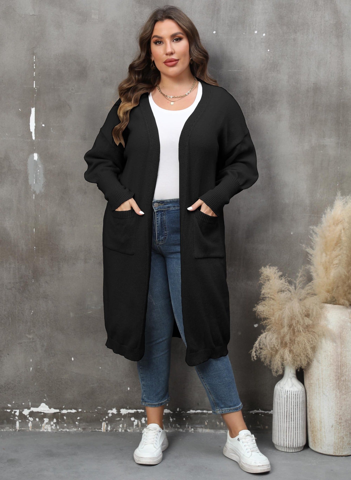 Women Coat plus Size Women Clothes Loose Mid Length Woven Sweater Double Pocket Lantern Sleeve Sweater Cardigan - Wild Amber Fashion