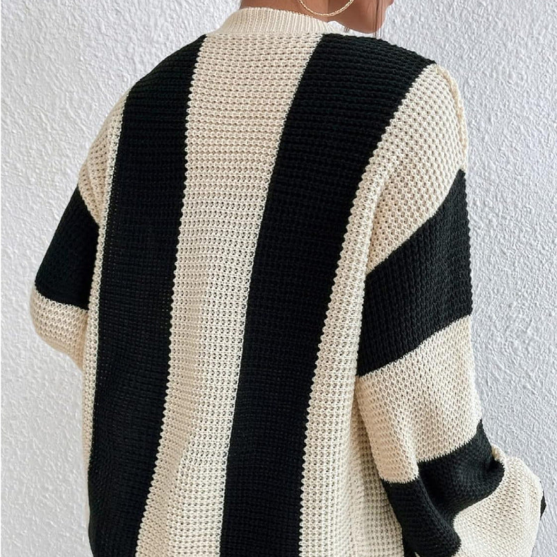 Top Product Autumn Winter Women Striped Contrast Color Bell Sleeve Knitted Cardigan Loose Sweater Coat Women - Wild Amber Fashion