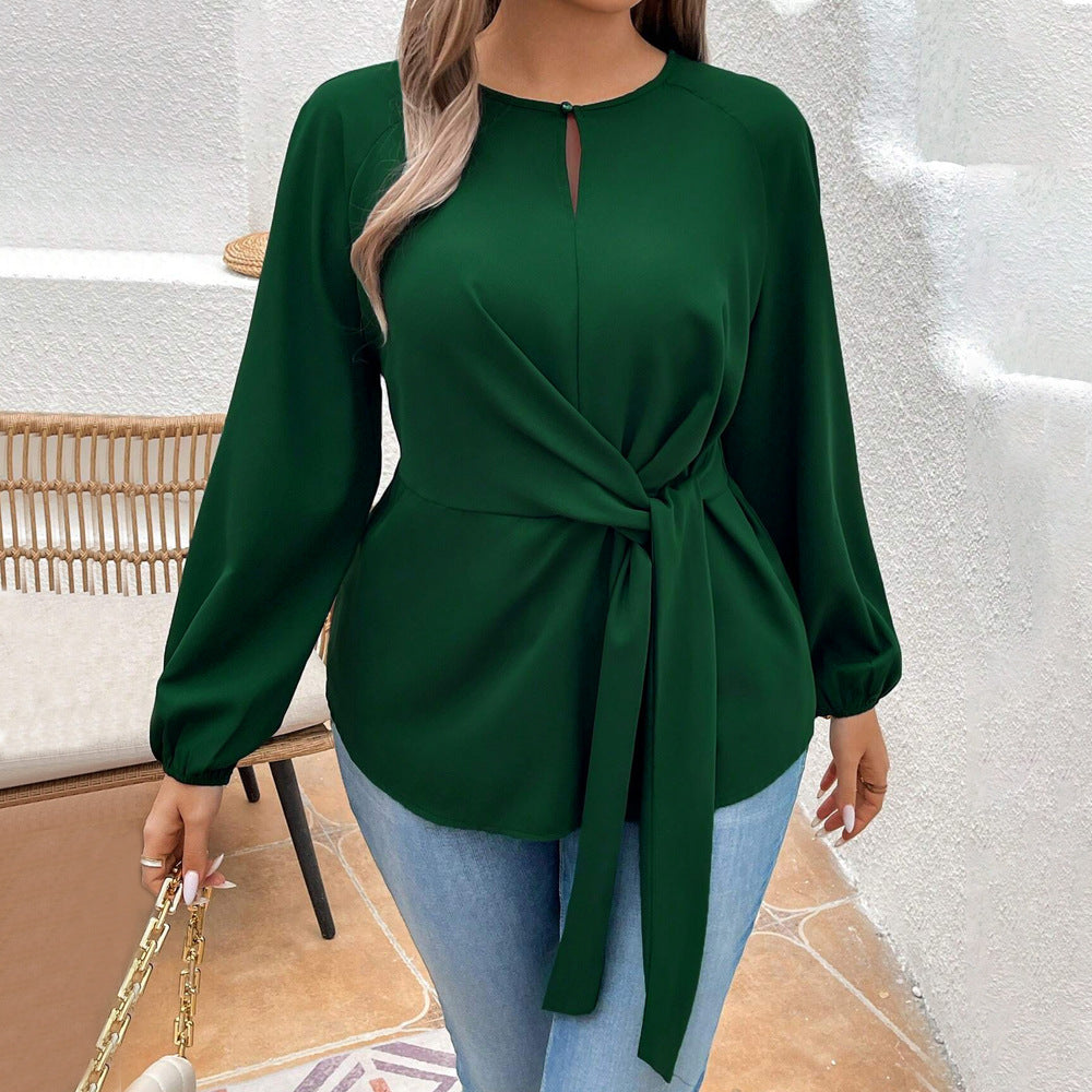 Plus Size Women Elegant T Shirt Fall Winter Slim Lace Up Long Sleeve Bottoming Top - Wild Amber Fashion