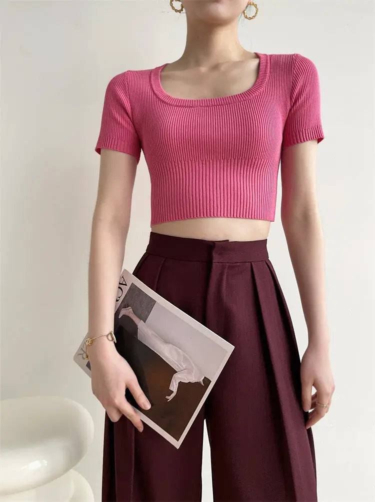 Square Neck Short Sleeve T-shirt for Women with Slim Fit  S Rouge Pink 