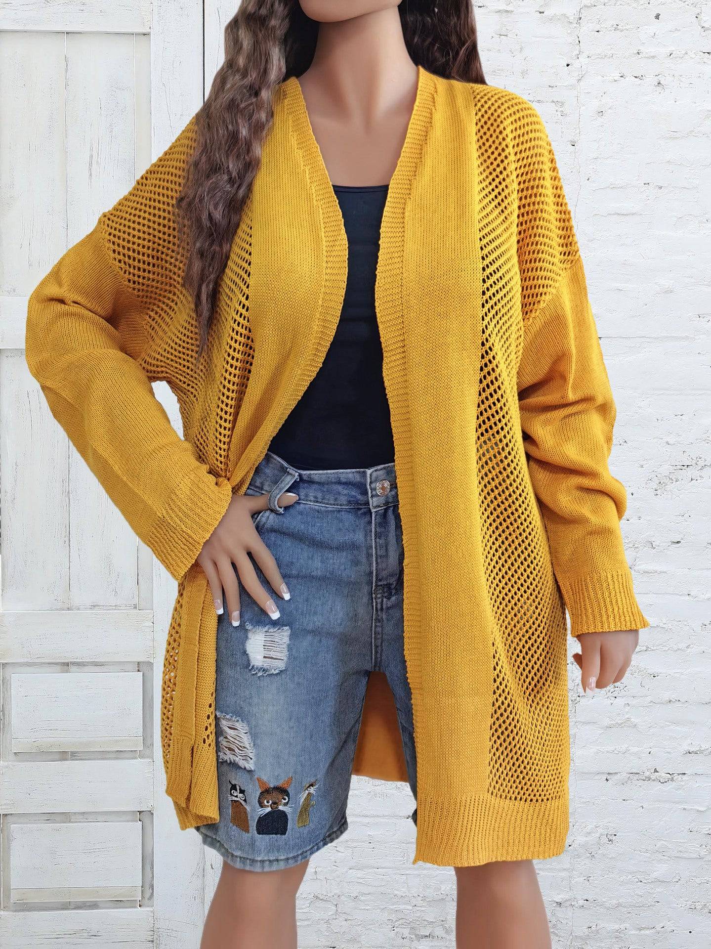 Plus Size Women Clothes Hollow Out Cutout Woven Coat Long Casual Outer Wear Cardigan Air Conditioning Shirt - Wild Amber Fashion