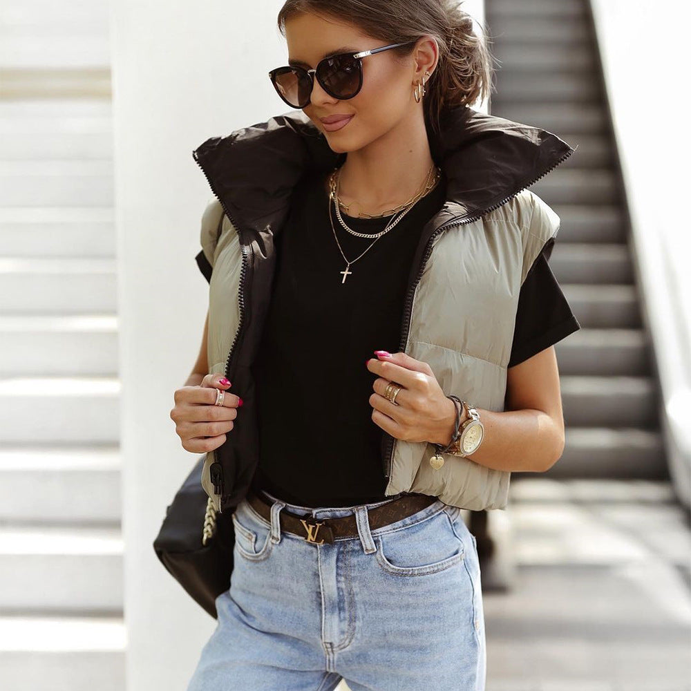 Women Vest Winter Double-Sided Cotton-Padded Jacket Stand Collar Zipper Sleeveless Short Shipment Coat - Wild Amber Fashion