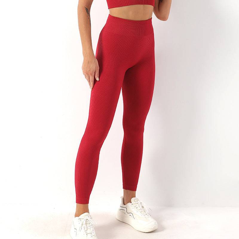 High Waist Seamless Ribbed Yoga Pants for Women  S Burgundy 