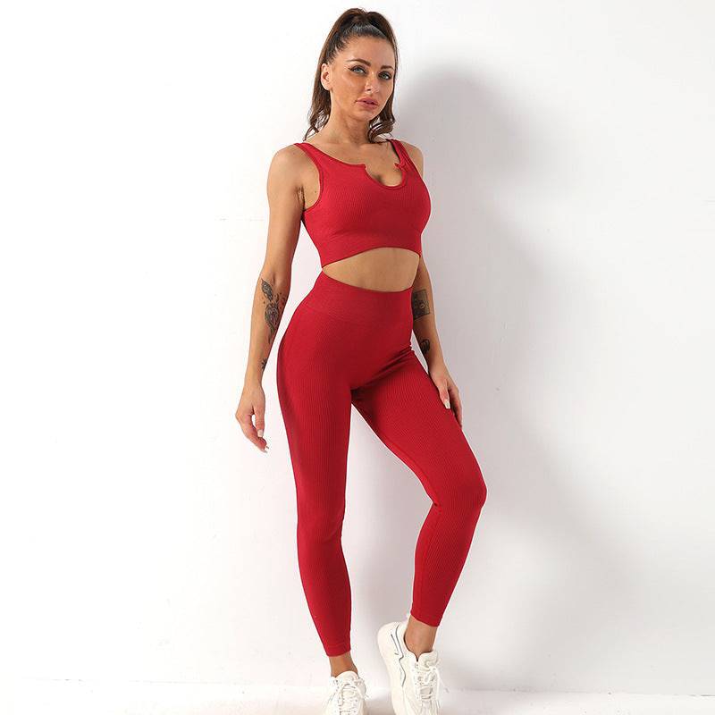 Ultimate Comfort Seamless Yoga Set with Shockproof Sports Bra and High-Rise Fitness Trousers  S Wine Red U-Shaped Bra Trousers 