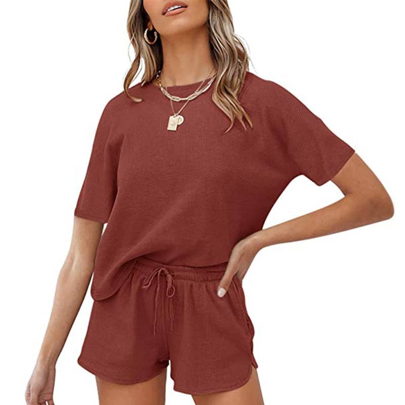 Rib Short-Sleeved Home Wear Solid Color Casual Two-Piece Pajamas Suit - Wild Amber Fashion