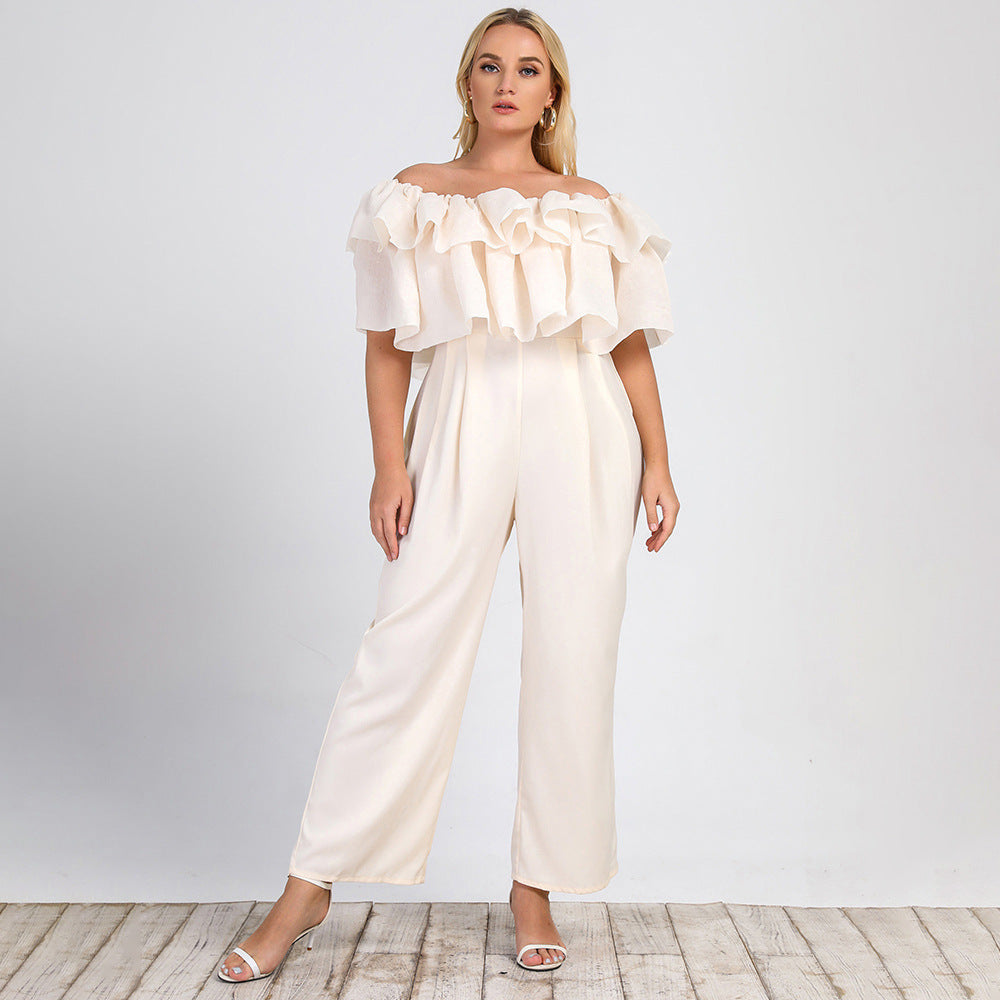 Plus Size Women Clothing Summer New Lotus Edge off-Shoulder Solid Straight-Leg Office Casual Pants Jumpsuit - Wild Amber Fashion