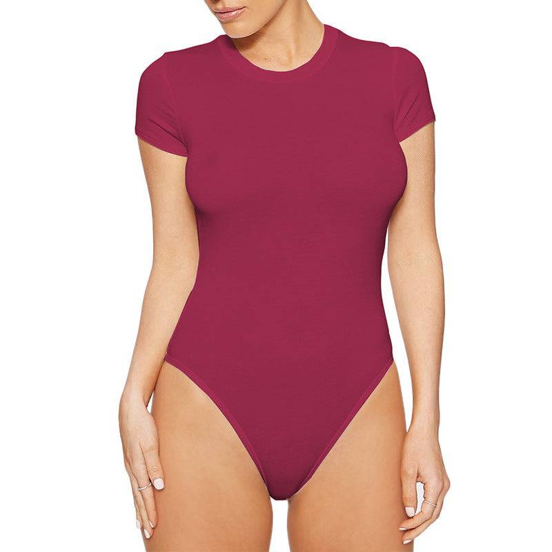 Summer Style Slim Fit Short-Sleeved Bodysuit  S Burgundy 