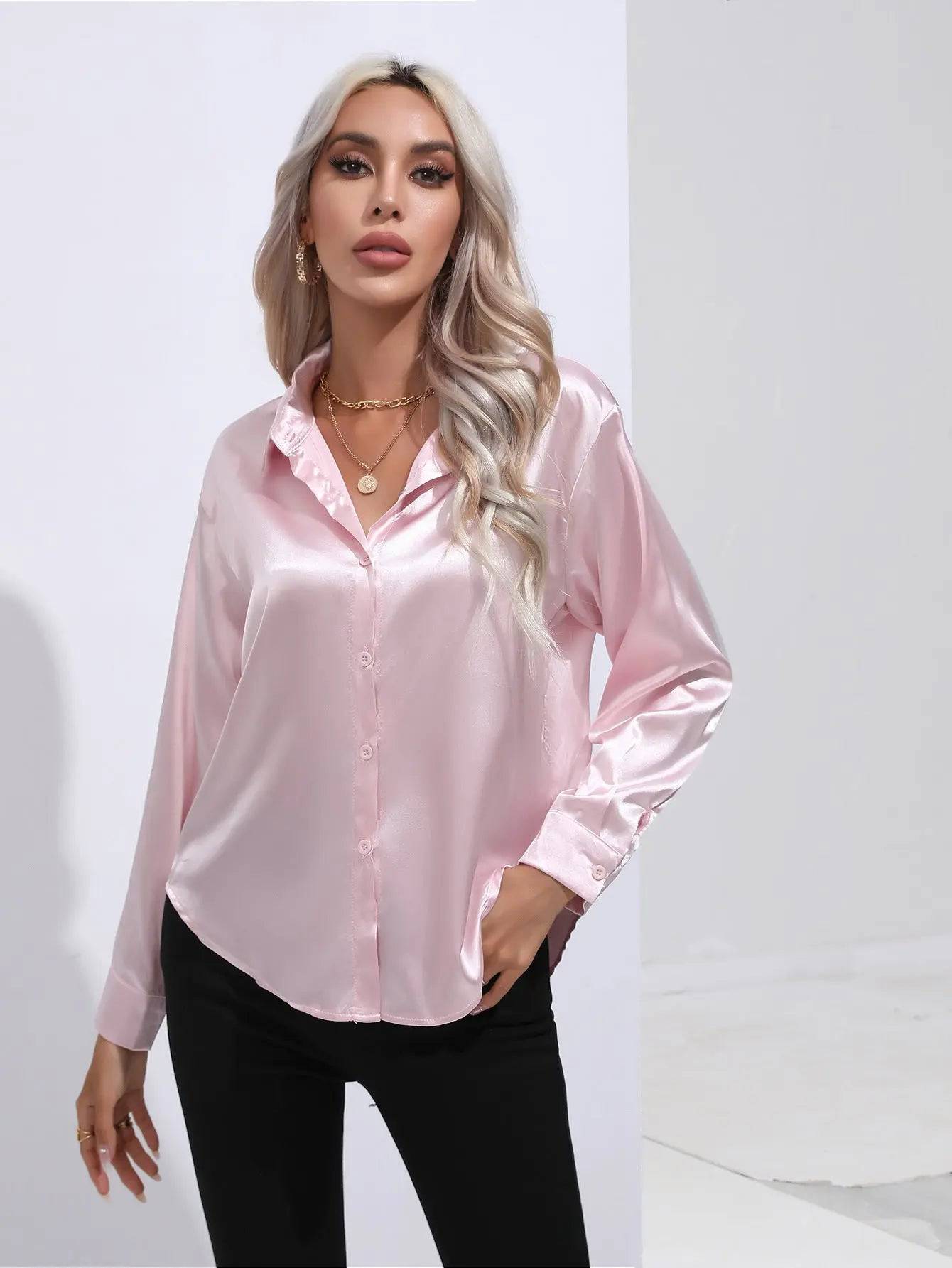 Elegant Satin Long Sleeve Shirt for Women - Spring/Summer Collection  S Pink 