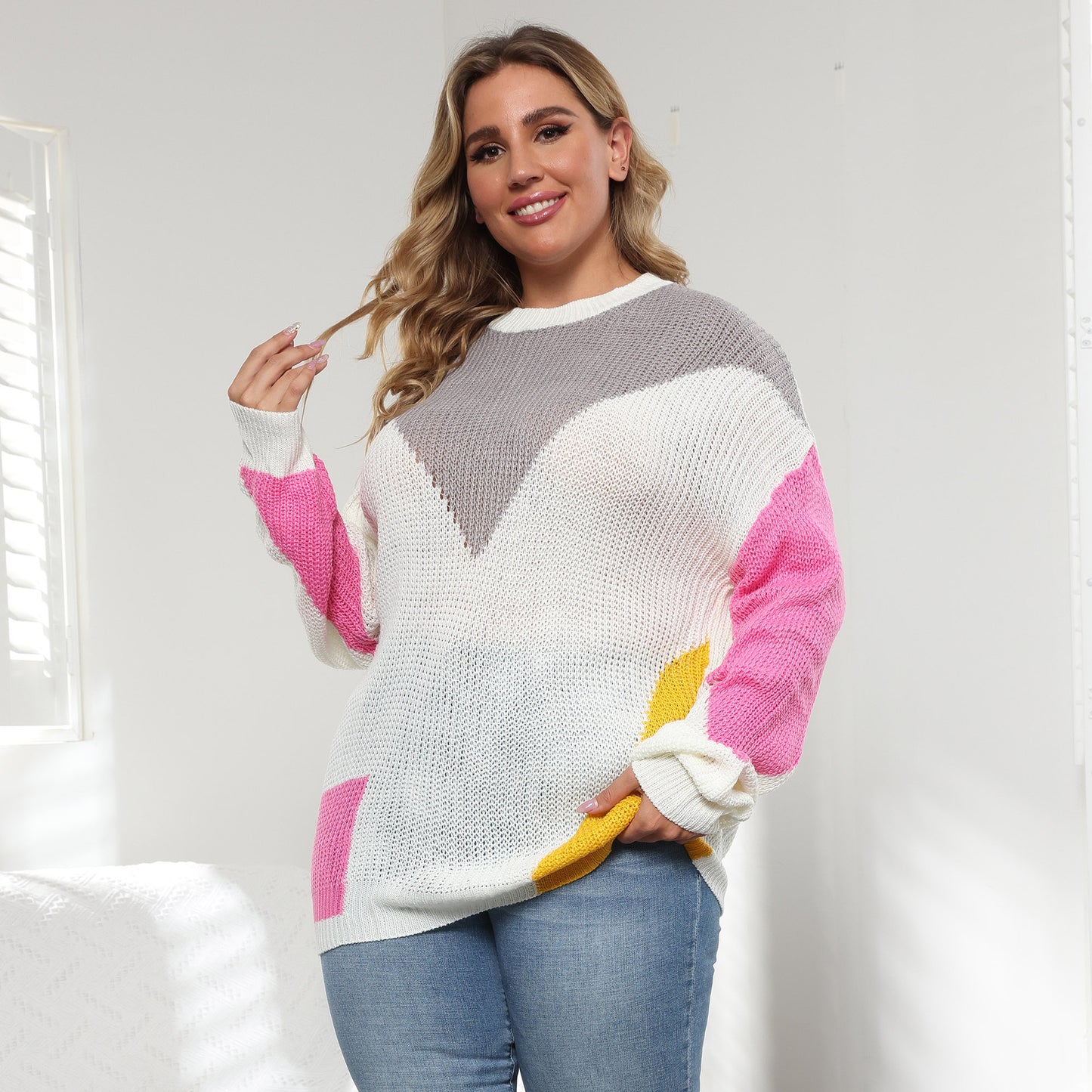 Plus Size Women Clothes Color Contrast Patchwork Loose Casual Pullover Sweater - Wild Amber Fashion