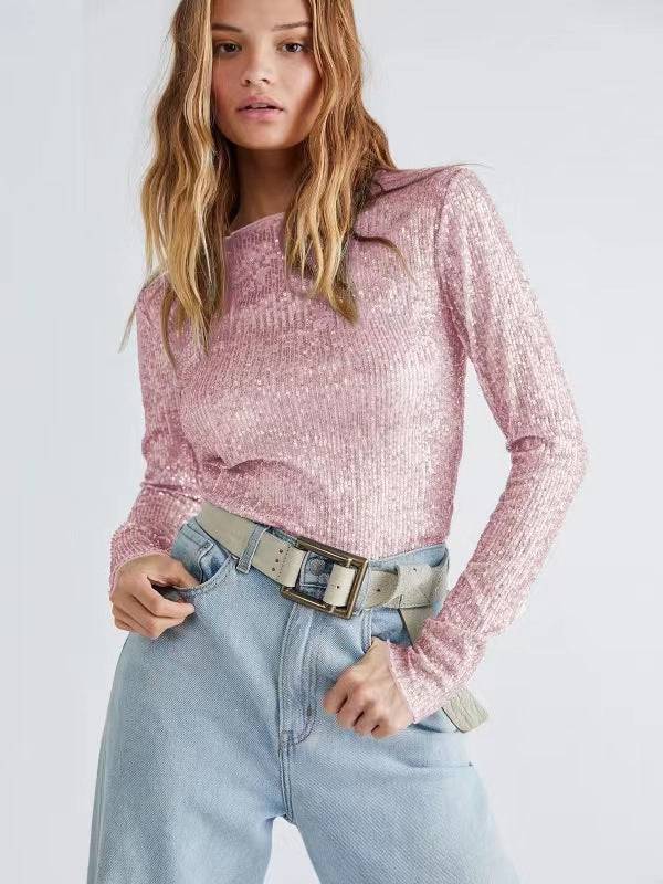 Slim Sequin Long Sleeve Top with Round Neck  S Pink 