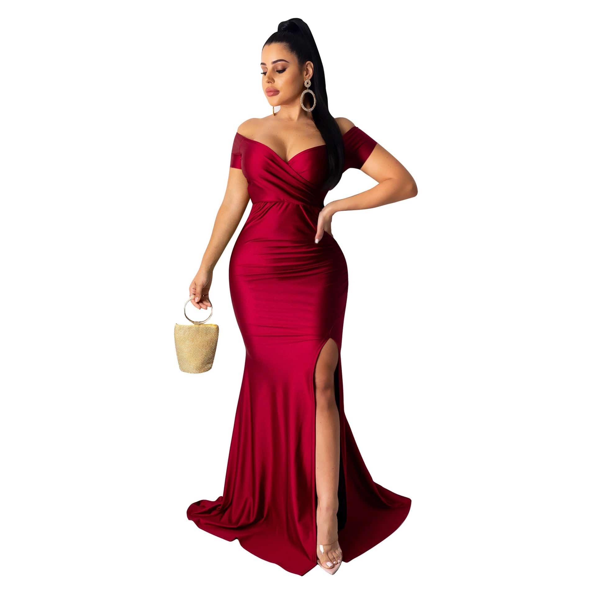 Glamorous V-Neck Maxi Dress for Women - Sexy Solid Color Nightclub Attire  S Red 