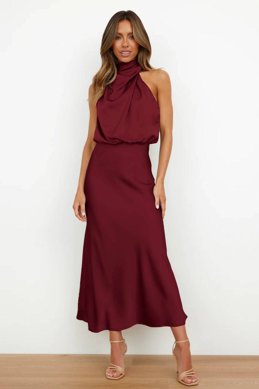 Elegant High Grade Satin Sleeveless Maxi Dress with Mock Neck  S Wine Red 