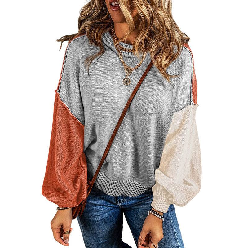 Warm and Stylish Color Block Patchwork Fall Pullover for Women  S Gray 