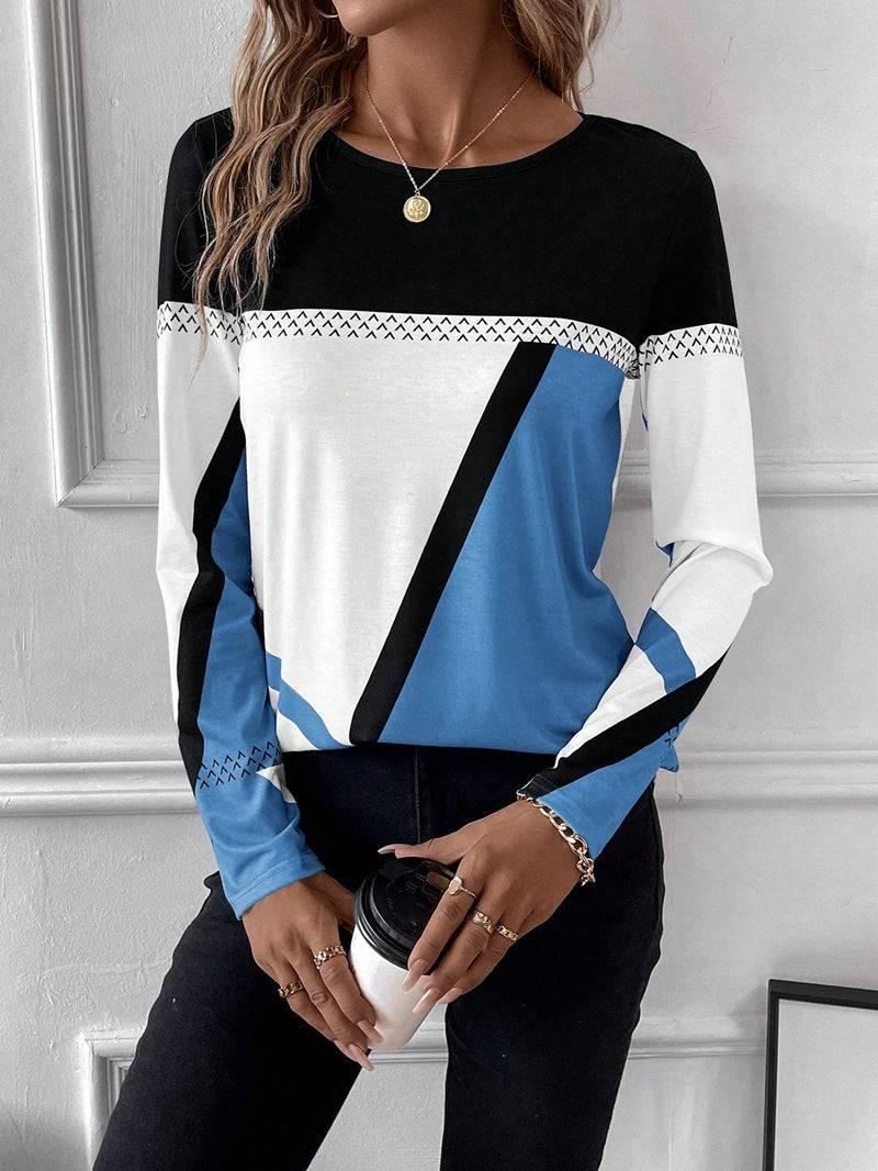 Geometric Abstract Print Round Neck Top  S Skyblue 